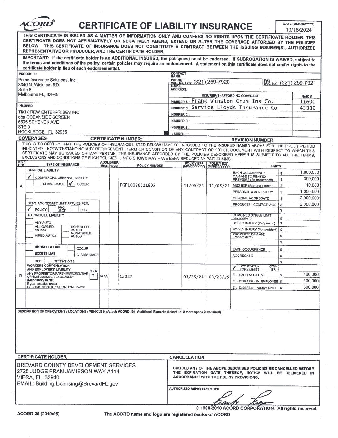 Certificate of Liability Insurance